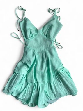 Mint Green Backless Mini Dress w Built-In Shorts Ruffle Tie Back Fairy Dress S